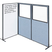 Interion® 3-Panel Corner Room Divider with Whiteboard & Partial Window, 36-1/4"W x 72"H, Blue