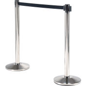 Global Industrial Retractable Belt Barrier, 40" Stainless Steel Post, 10' Black Belt - Pkg Qty 2