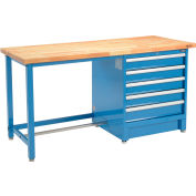 Global Industrial 72Wx30D Modular Workbench, 5 Drawers, Birch Butcher Block Square Edge, Blue