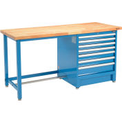 Global Industrial 72Wx30D Modular Workbench, 7 Drawers, Birch Butcher Block Square Edge, Blue