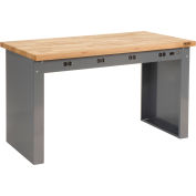 Global Industrial™ Panel Leg Workbench w/ Maple Square Edge & Power Apron, 96"W x 36"D, Gray