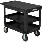 Global Industrial Plastic 3 Flat Black Shelf Service & Utility Cart, 44"x25-1/2", 8" pneumatic