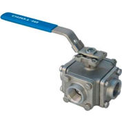 3/4" 3-Way L-Port SS NPT Threaded Ball Valve With Lockable Lever Handle