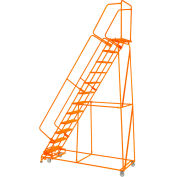 Perforated 24"W 12 Step Steel Rolling Ladder 21"D Top Step W/Handrails Lock Step Orange -FS123221P-O