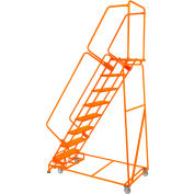 Perforated 16"W 7 Step Steel Rolling Ladder 14"D Top Step W/ Handrails - Orange - FSH718P-O