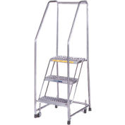 3 Step 24"W Stainless Steel Rolling Ladder W/ Rails - Heavy Duty Serrated Grating - SS330G