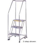 4 Step 24"W Stainless Steel Rolling Ladder W/ Rails - Heavy Duty Serrated Grating - SS430G