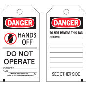 Brady® 86522 Danger Hands Off Do Not Operate tag, 2 sided, 10/Pkg, Polyester, 3"W x 5-3/4"H