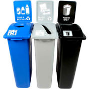 Busch Systems Waste Watcher Triple- Cans & Bottles/Paper/Waste, 69 Gal. Blue/Gray/Black- 101071