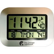 Chicago Lighthouse 9.75" Digital Atomic Clock with Calendar and Indoor Temperature Display - Silver