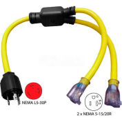 Conntek YL530520S, 3-Feet 30 to 15/20-Amp Generator Y Adapter with NEMA L5-30P to 5-15/20R*2, Yellow