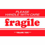 Paper Labels w/ "Fragile Please Handle w/ Care Thank You" Print, 5"L x 3"W, Red/White, Roll of 500