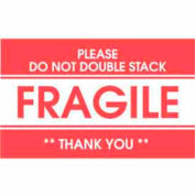 Labels w/ "Fragile Please Do Not Double Stack Thank You" Print, 5"L x 3"W, Red/White, Roll of 500