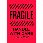 Labels w/ "Fragile Handle w/ Care Thank You" Print, 6"L x 4"W, Fluorescent Red, Roll of 500