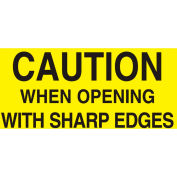 "Caution When Opening w/ Sharp Edges" Receiving Labels, 5"L x 3"W, Bright Yellow, Roll of 500