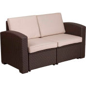 Flash Furniture All-Weather Faux Rattan Loveseat - Chocolate Brown with Beige Cushions