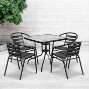 Flash Furniture® Square Glass Outdoor Dining Table Set w/ 4 Aluminium Slat Chairs, Black