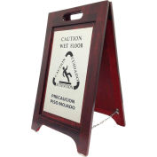 Wooden Bilingual Wet Floor Sign - Walnut Finish - Nickel Plate - Pkg Qty 2