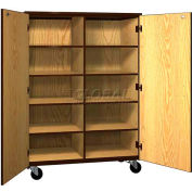 Mobile Wood Cubicle Cabinet, 8 Shelves w/Locks, Solid Door, 48 x 22-1/4 x 66, Oiled Cherry/Black