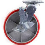 HD Swivel Caster 8" PU on Cast Iron Wheel Tread Brake, Roller Bearing, 4"x4-1/2" Plate, Red