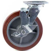 HD Swivel Caster 8" PU on Aluminum Wheel Total Lock Brake, Roller Bearing, 4"x4-1/2" Plate, Red