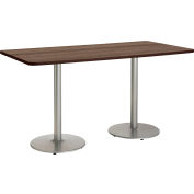 KFI 72"W x 36"H Counter Height Pedestal Table - Studio Teak Top - Brown Edge - Round Silver Base