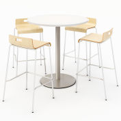KFI 36" Round Bistro Table & 4 Barstool Set - Designer White Table Top with Natural Stools