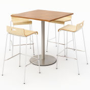 KFI 36" Square Bistro Table & 4 Barstool Set - River Cherry Table Top with Natural Stools