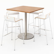 KFI 36" Square Bistro Table & 4 Barstool Set - River Cherry Table Top with White Stools