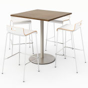 KFI 36" Square Bistro Table & 4 Barstool Set - Studio Teak Table Top with White Stools