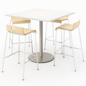 KFI 36" Square Bistro Table & 4 Barstool Set - Designer White Table Top with Natural Stools