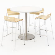 KFI 42" Round Bistro Table & 4 Barstool Set - Designer White Table Top with Natural Stools