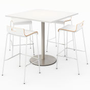 KFI 42" Square Bistro Table & 4 Barstool Set - Designer White Table Top with White Stools