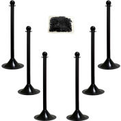 Plastic Stanchion Kit - Black - 6pk 50' of 2" Chain W/ C-Hooks Incl. - 2" Pole, 14" Base, 41"H