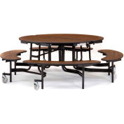 NPS® 60" Round Foldable Cafeteria Table w/ Benches - MDF - Walnut Top/Black Frame