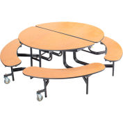 NPS® 60" Round Foldable Cafeteria Table w/ Benches - MDF - Oak Top/Black Frame