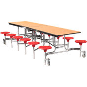 NPS® 10' Mobile Cafeteria Table with Stools - MDF - Oak Top/Red Stools/Chrome Frame