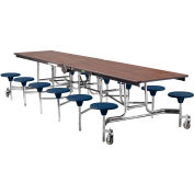 NPS® 12' Mobile Cafeteria Table with Stools - MDF - Walnut Top/Blue Stools/Chrome Frame