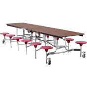 NPS® 12' Mobile Cafeteria Table with Stools - MDF - Walnut Top/Burgundy Stools/Chrome Frame