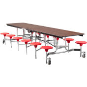 NPS® 12' Mobile Cafeteria Table with Stools - MDF - Walnut Top/Red Stools/Chrome Frame