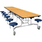 NPS® 12' Mobile Cafeteria Table with Stools - MDF - Oak Top/Blue Stools/Chrome Frame