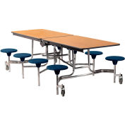 NPS® 8' Mobile Cafeteria Table with Stools - MDF - Oak Top/Blue Stools/Chrome Frame