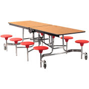 NPS® 8' Mobile Cafeteria Table with Stools - MDF - Oak Top/Red Stools/Chrome Frame
