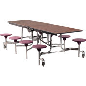 NPS® 8' Mobile Cafeteria Table with Stools - MDF - Walnut Top/Burgundy Stools/Chrome Frame