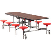 NPS® 8' Mobile Cafeteria Table with Stools - MDF - Walnut Top/Red Stools/Chrome Frame