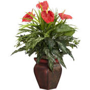 Nearly Natural Mixed Greens & Anthurium with Decorative Vase Silk Plant
