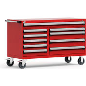 Rousseau Metal 10 Drawer Mobile Multi-Drawer Cabinet - 60"Wx27"Dx37-1/2"H Red