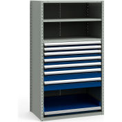Steel Shelving 42"Wx24"Dx75"H Closed 4 Shelf 7 Drawer Gray With Blue Drawers