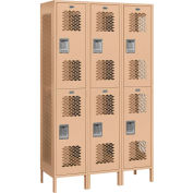 Salsbury Extra Wide Vented Metal Locker 82368 - Double Tier 3 Wide 15"Wx18"Dx36"H Tan Assembled