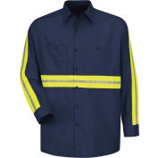 Red Kap® Enhanced Visibility Industrial Long Sleeve Work Shirt, Navy, Poly/Cotton, Regular L